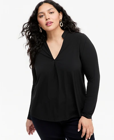 I.n.c. International Concepts Plus Women's Split Band-Collar Long-Sleeve Knit Top, Macy's Exclusive