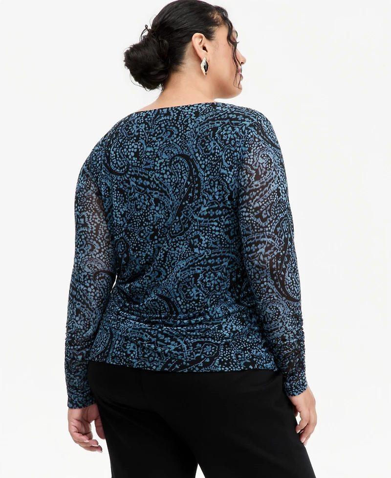 I.n.c. International Concepts Plus Ruched Long-Sleeve Paisley Top, Macy's Exclusive
