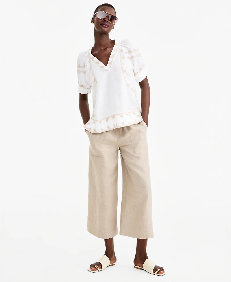 Charter Club Women's Linen Puff-Sleeve Embroidered Blouse, Macy's Exclusive