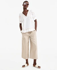 Charter Club Women's Linen Puff-Sleeve Embroidered Blouse, Macy's Exclusive