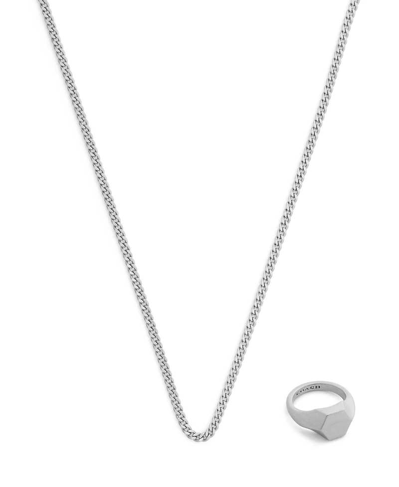 Coach Antique Silver Runway Signature Signet Ring Pendant Necklace