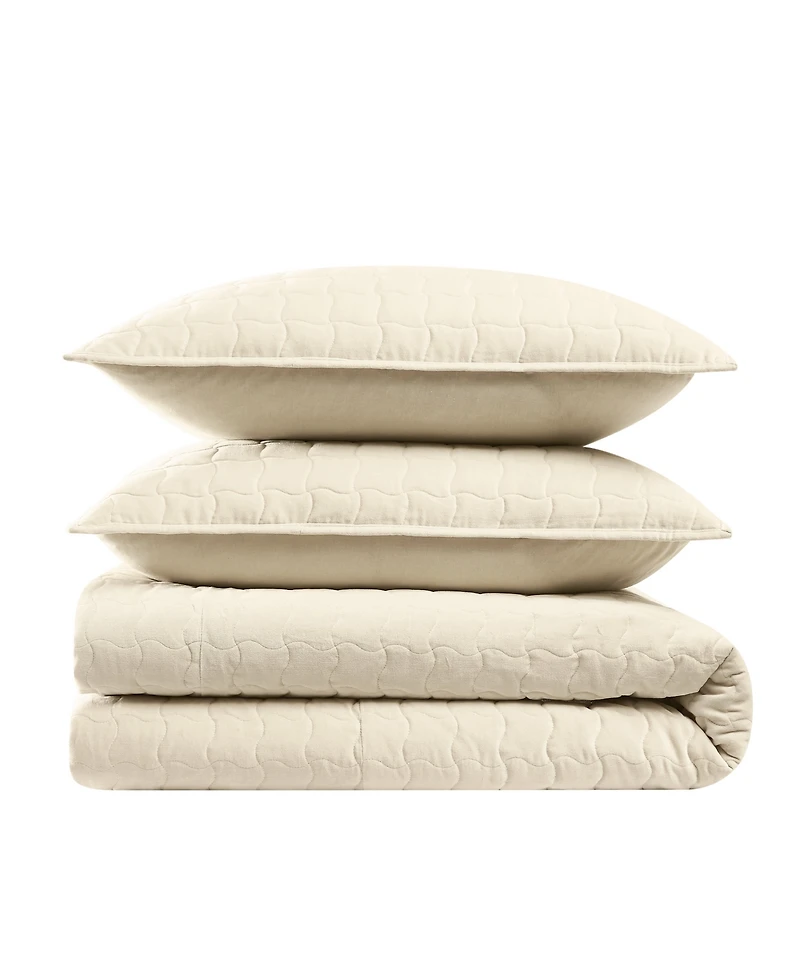 Brooklyn Loom Matte Cotton Velvet Wavy Square 3-Piece Quilt Set, King