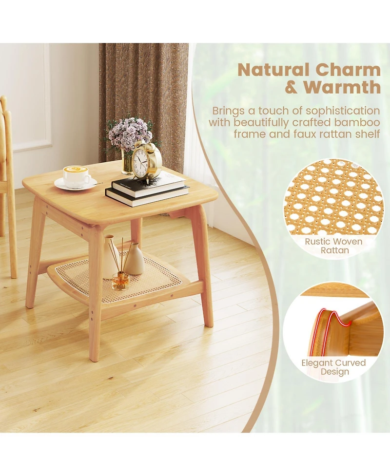 Slickblue Sofa Side Table with Faux Rattan Shelf, Wicker Accent for Home