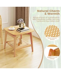 Slickblue Sofa Side Table with Faux Rattan Shelf, Wicker Accent for Home