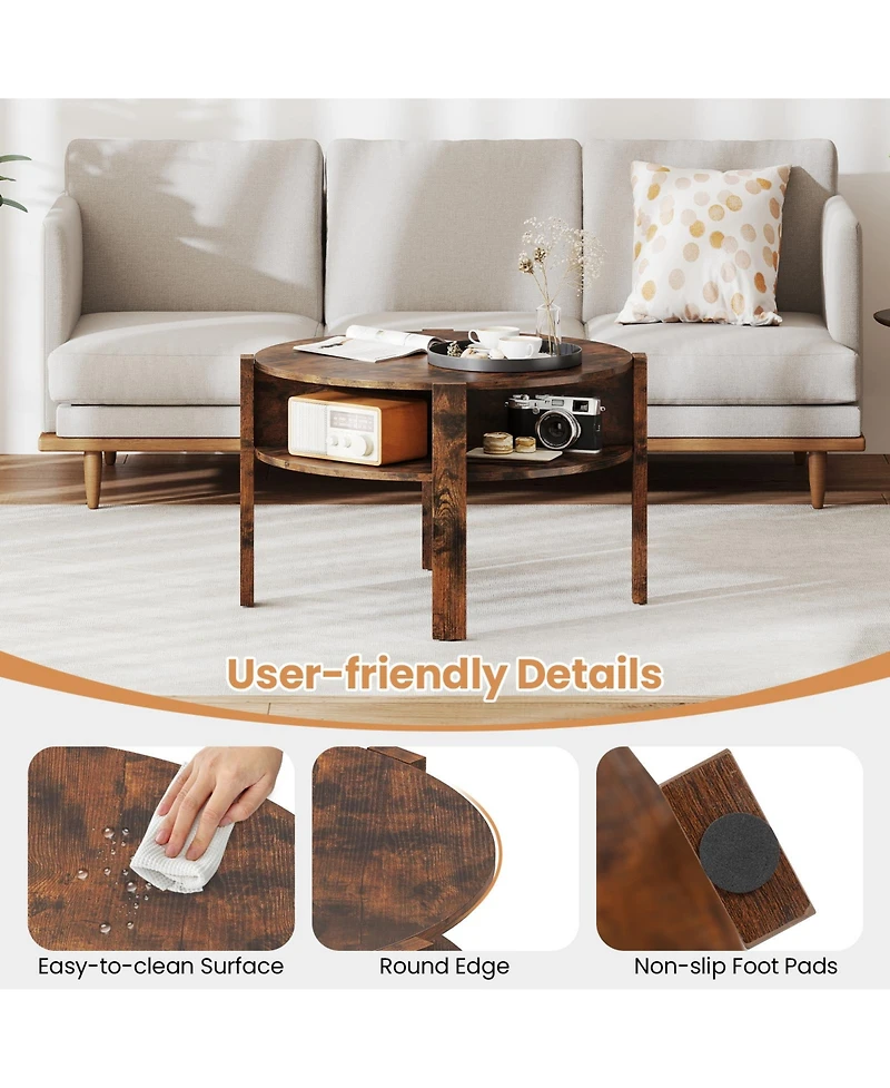 Slickblue Small Space Round Coffee Table with Lower Storage Shelf Design