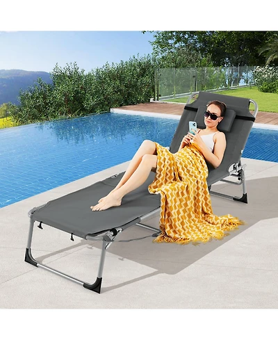 Gymax Outdoor Folding Chaise 5-Position Lounge Chair with Face Hole and Adjustable Footrest