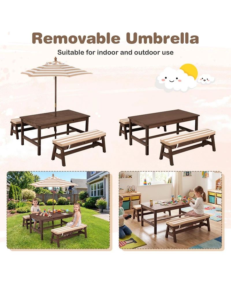 Gymax Kids Picnic Table Outdoor Wooden Table and Bench Set with Removable Umbrella
