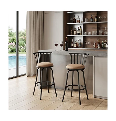 HomeRoots Set of Two 29" Microfiber and Metal Low Back Bar Height Swivel Bar Chairs