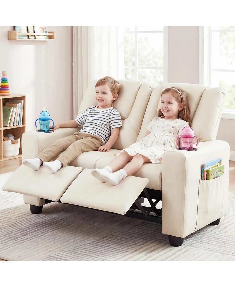 Slickblue Kids Double Recliner Sofa Chair with 2 Cup Holders for Toddlers and Children