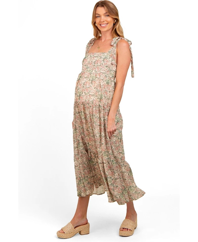 Pinkblush Maternity Cream Floral Shoulder Tie Tiered Maxi Dress