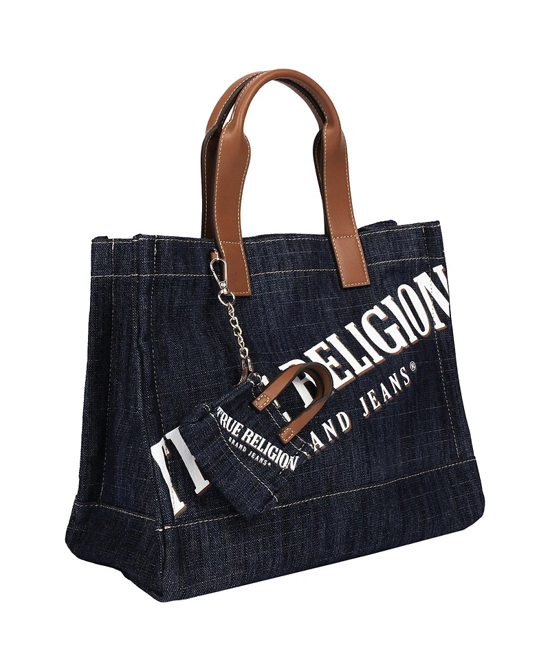 True Religion Women's Logo Denim Tote with Tote Dangle Charm