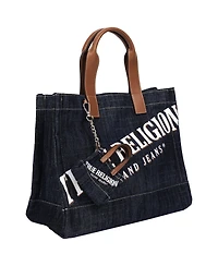 True Religion Women's Logo Denim Tote with Tote Dangle Charm