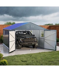 Homfan Fully Enclosed Iron Carport with Double Hinge Doors and 4 Skylight Windows, Heavy Duty Garage Shelter