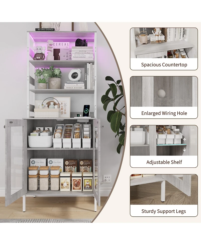 gaomon 67 Inch Home Bar Cabinet, Wine Storage with Built-in Power Outlets, Led Lighting for Living Room