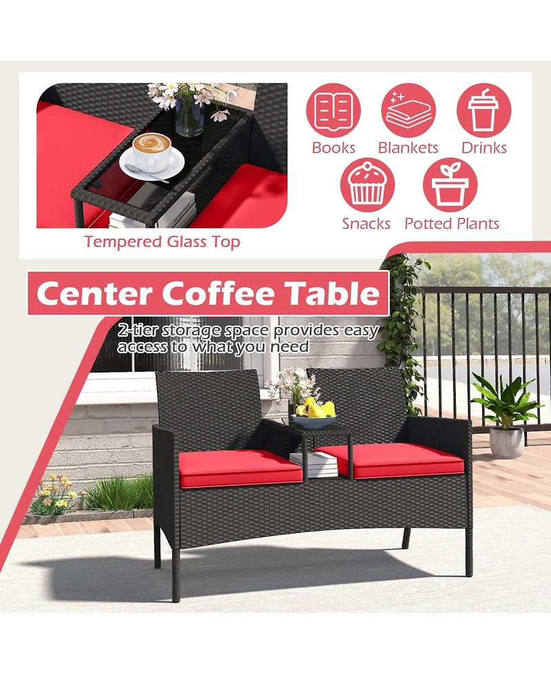 Gymax Patio Loveseat with Built-in Table Soft Cushions and Tempered Glass Tabletop Outdoor