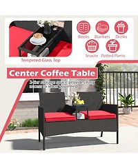 Gymax Patio Loveseat with Built-in Table Soft Cushions and Tempered Glass Tabletop Outdoor