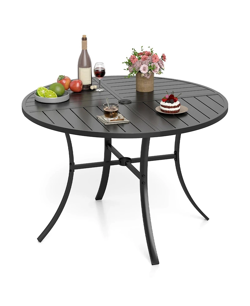 Gymax Patio Dining Table 42.5'' Round Metal Slat Table with Umbrella Hole Outdoor