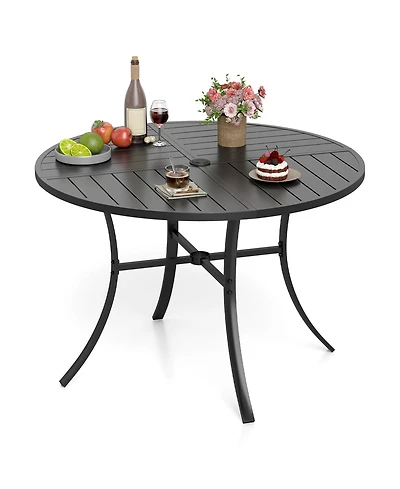 Gymax Patio Dining Table 42.5'' Round Metal Slat Table with Umbrella Hole Outdoor