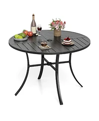 Gymax Patio Dining Table 42.5'' Round Metal Slat Table with Umbrella Hole Outdoor