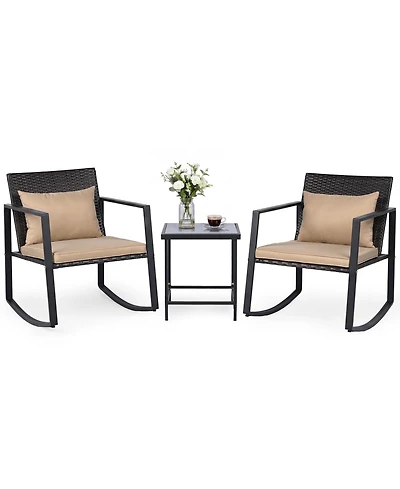 Gymax 3-Piece Outdoor Rocking Bistro Set Patio Rocking Chairs and Coffee Table Set