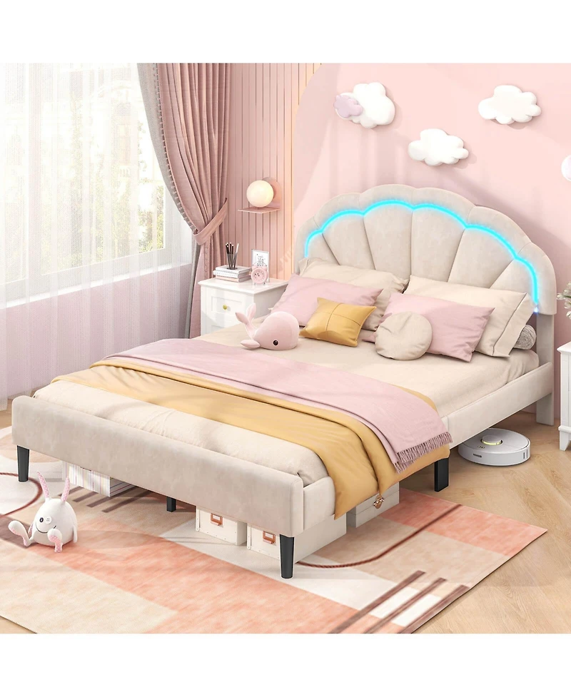 Costway Upholstered Led Bed Frame Soft Velvet Platform Bed with Flower Headboard