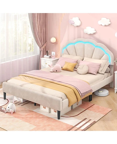 Costway Upholstered Led Bed Frame Soft Velvet Platform Bed with Flower Headboard