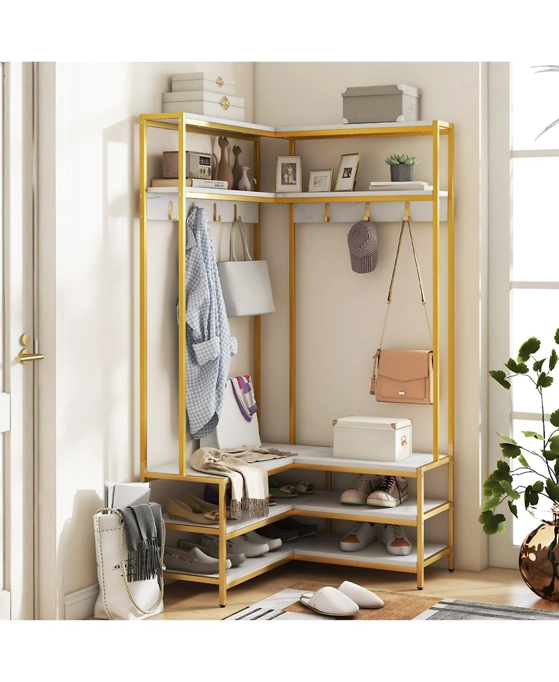 Slickblue Corner Entryway Rack with 7 Hooks Open Shelves and Shoe Bench Seat