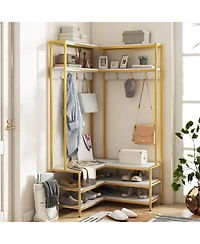 Slickblue Corner Entryway Rack with 7 Hooks Open Shelves and Shoe Bench Seat