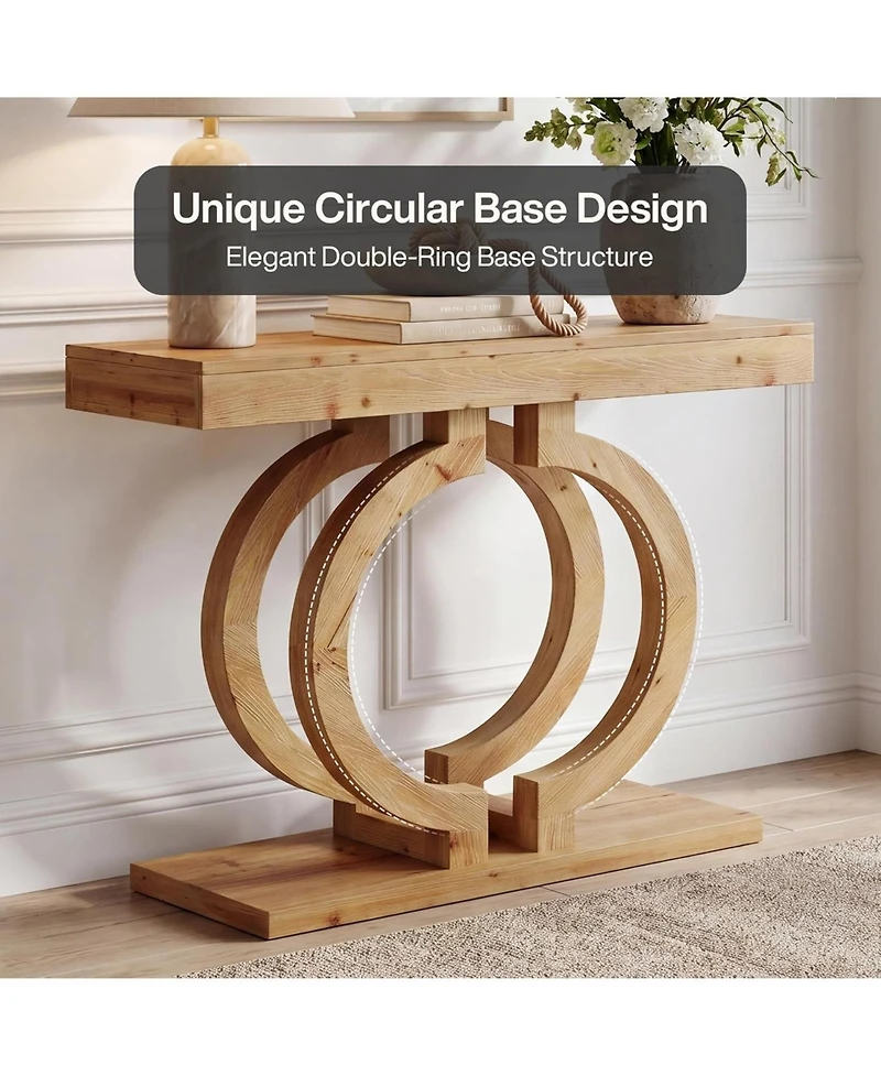 Tribesigns Solid Wood Console Table, 43.3" Natural Wood Entryway Table with Artistic Double-Circle Base, Narrow Sofa Accent Table