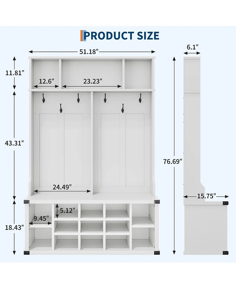 homfan Hall Tree with Bench – 12 Shoe Cubbies, 5 Double Hooks and Adjustable Shelves for Hallway, Mudroom or Bedroom