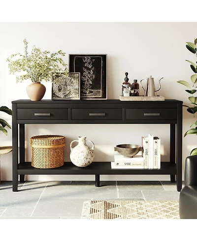 Rainsken 59" Farmhouse Entryway Table, with 3 Storage Drawers, Bottom Shelf and Iron Handles, for Living Room, Hallway, Kitchen, Bedroom