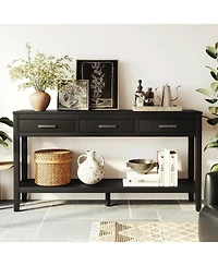 Rainsken 59" Farmhouse Entryway Table, with 3 Storage Drawers, Bottom Shelf and Iron Handles, for Living Room, Hallway, Kitchen, Bedroom