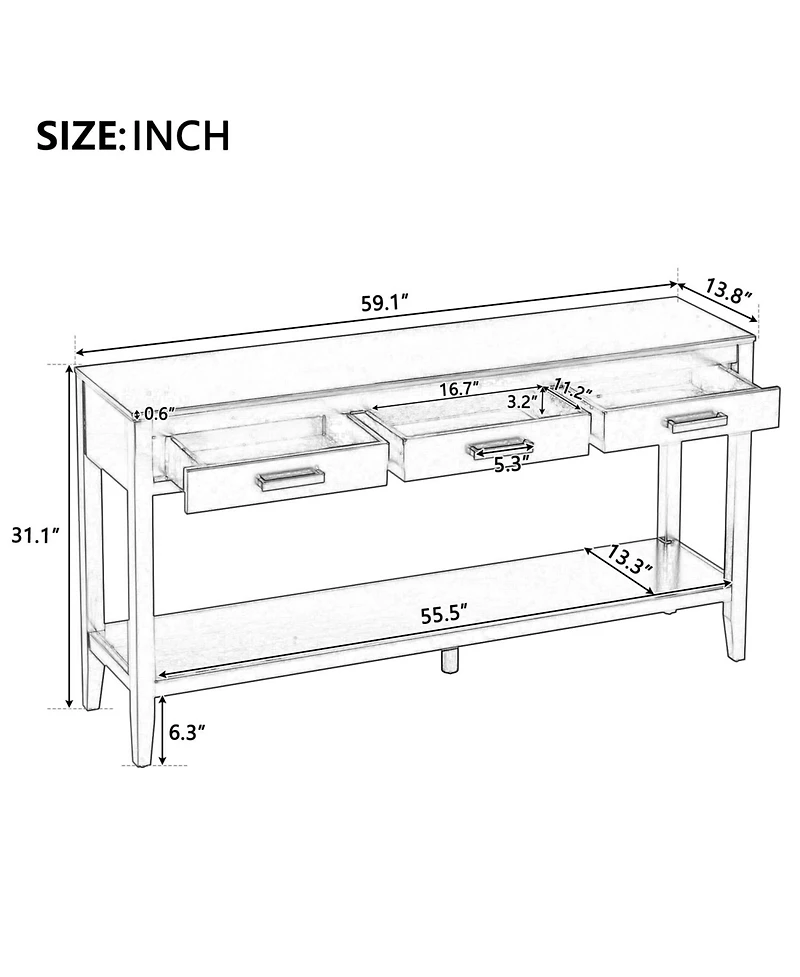 Rainsken 59" Farmhouse Entryway Table, with 3 Storage Drawers, Bottom Shelf and Iron Handles, for Living Room, Hallway, Kitchen, Bedroom
