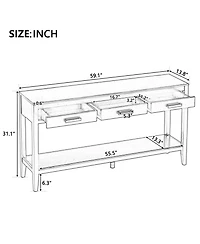 Rainsken 59" Farmhouse Entryway Table, with 3 Storage Drawers, Bottom Shelf and Iron Handles, for Living Room, Hallway, Kitchen, Bedroom