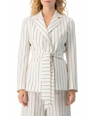 Ivonne Women's Pinstripe Self-Tie Belted Wrap Tailored Blazer