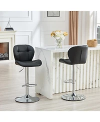 Rainsken Set of 2 Height Adjustable Bar Stools, with Chrome-Plated Metal Base, Pu Upholstered Tufted Backrest Chairs, for Bar Kitchen Dining Room