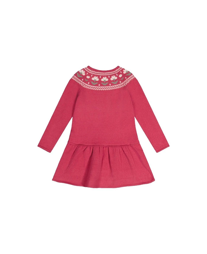 Deux par Deux Toddler Girls Knitted Dress with Flower Jacquard Raspberry