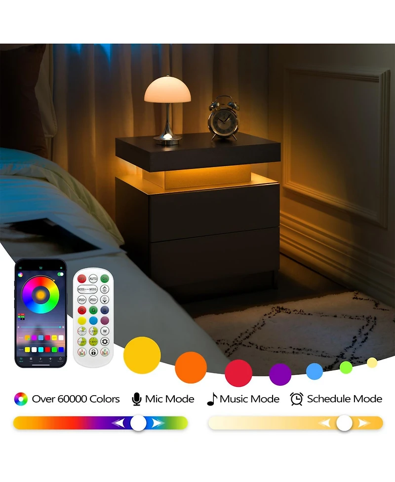 Rainsken Night Stand Set 2, Led Nightstand with 2 Drawers, Modern End Side Table, for Bedroom