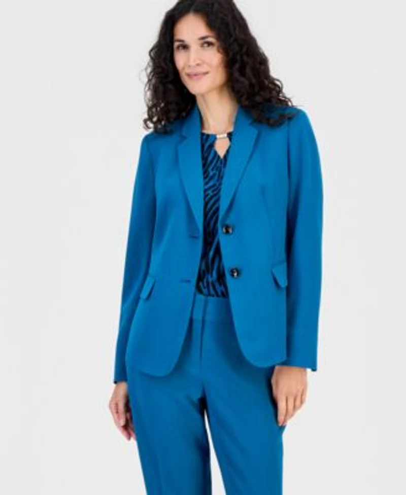Kasper Womens Notched Collar Jacket Printed Diamond Neck Blouse Ava Straight Leg Pants