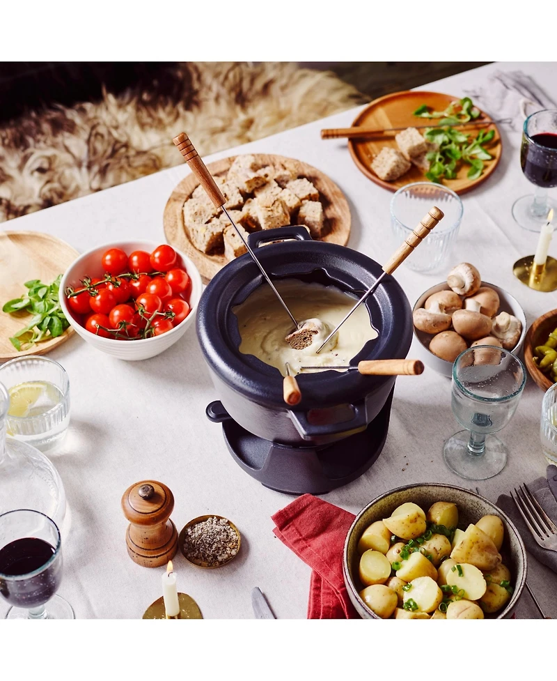 Alva Nori 2 Qt Enameled Cast Iron Fondue Set - Adjustable Burner & 8 Forks