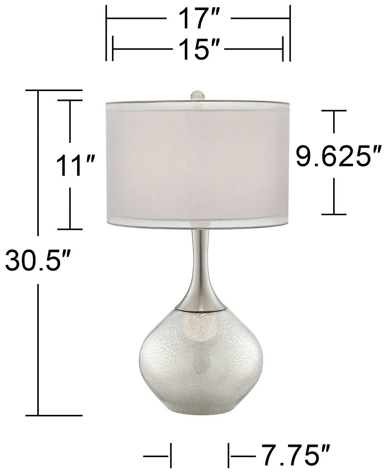 Possini Euro Design Modern Table Lamps 30.5" Tall Set of 2 Mercury Glass Chrome Twin Sheer Drum Shade for Living Room Family Bedroom Bedside