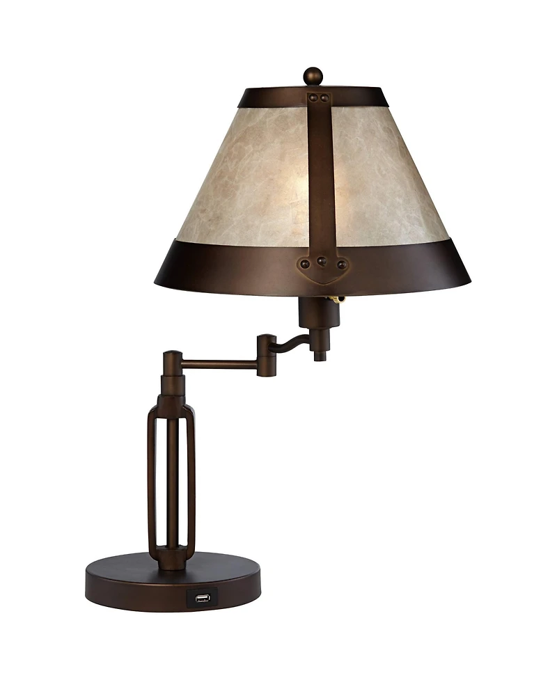 Franklin Iron Works Samuel Industrial Desk Lamps 21 1/4" High Set of 2 Bronze Swing Arm with Usb Charging Port Natural Mica Shade for Living Room Home