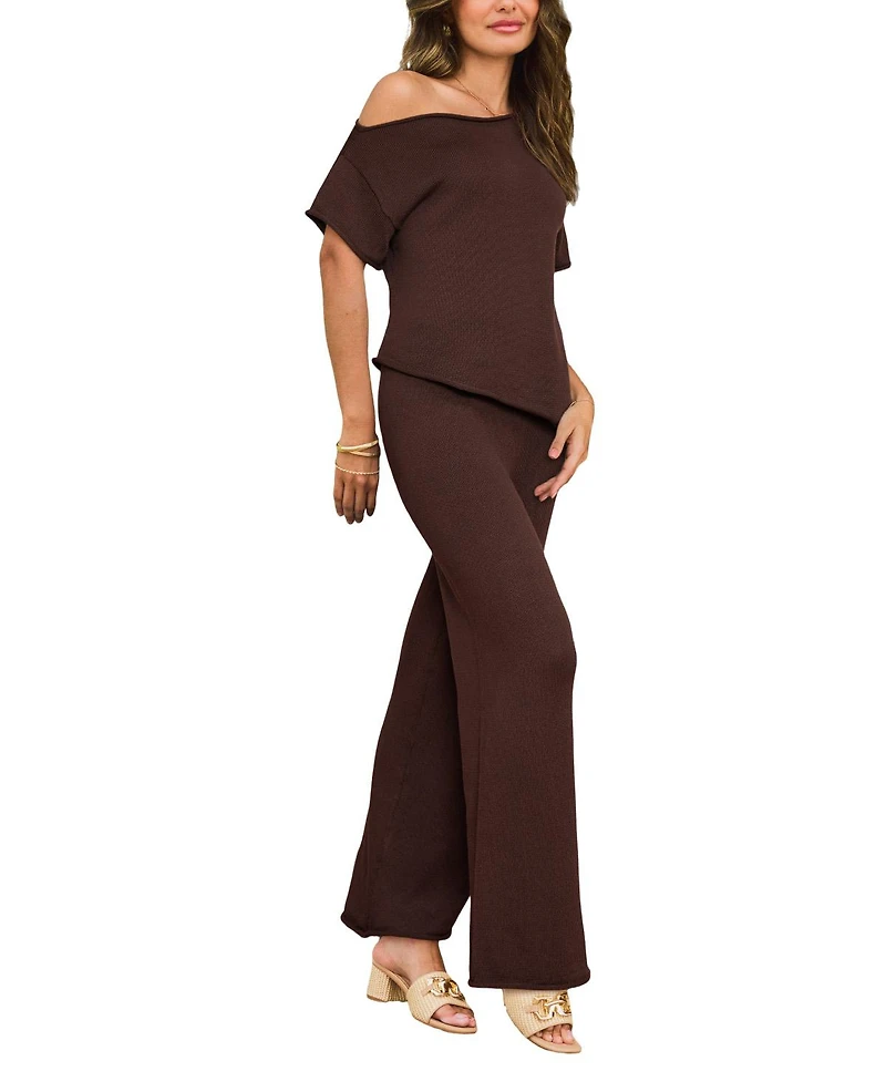 Cupshe Women's Knit Off-Shoulder Top and Wide Leg Pants Loungewear Set