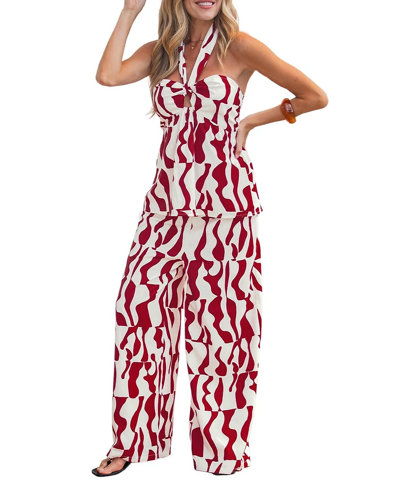 Cupshe Women's Abstract Print Halter Keyhole Top and Wide Leg Pants Matching Set