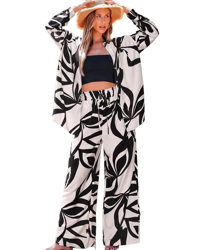 Cupshe Women's Abstract Leaf Print Button-Down Shirt and Wide Leg Pants Matching Set