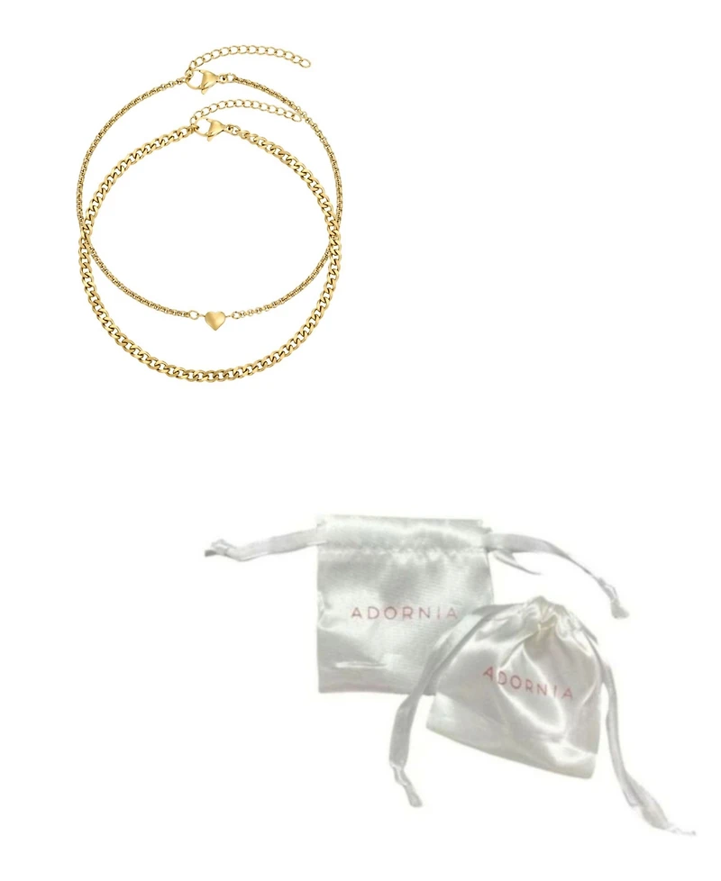 Adornia Tarnish Resistant Gold Set of 2 Heart and Curb Chain Anklet Set