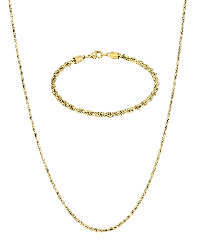 Adornia Men's Tarnish Resistant Gold Rope Chain Bracelet and Necklace Set