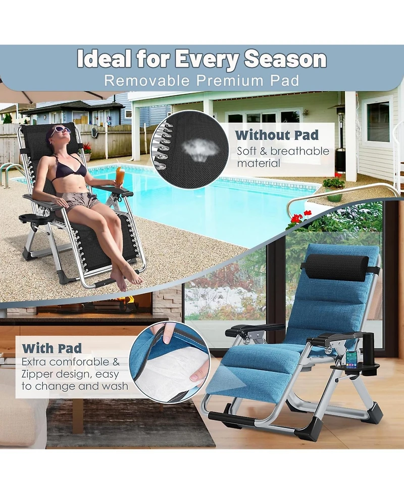 Mooncool Zero Gravity Chair Reclining Lounge with Removable Cushion and Tray for Indoor Outdoor