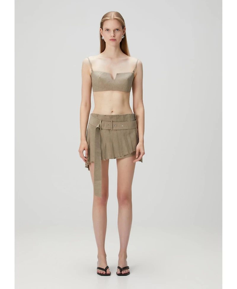Pcfg Women's Linen-Blend Half-Pleated Super Mini Skirt