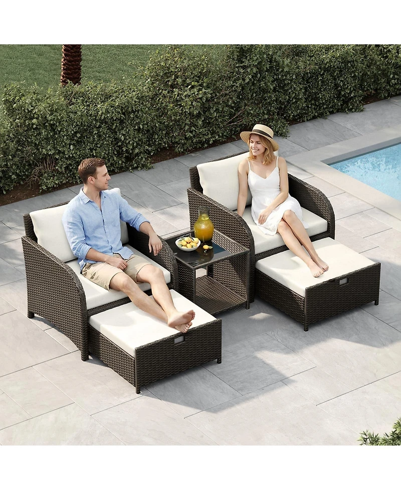 homfan 5 Piece Outdoor Patio Set, Pe Wicker Furniture with Hidden Ottomans, Cushions and Glass Coffee Table, for Porch and Backyard